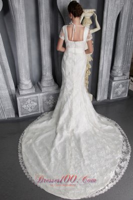 Short Sleeves Sheath V-neck Lace Wedding Dress Chapel Train