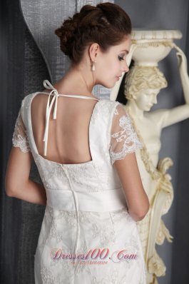 Short Sleeves Sheath V-neck Lace Wedding Dress Chapel Train