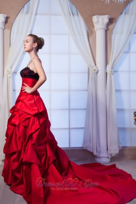 Red A-line Strapless Pick-ups Taffeta Wedding Dress