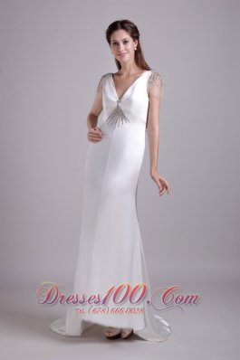 White Column V-neck Brush Train Taffeta beading Wedding dress