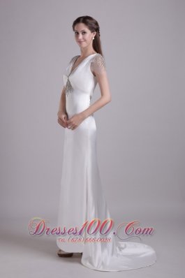 White Column V-neck Brush Train Taffeta beading Wedding dress