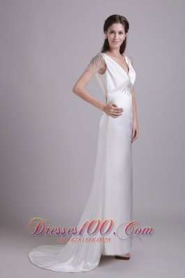 White Column V-neck Brush Train Taffeta beading Wedding dress