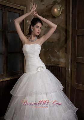 A-line Strapless Sweep Train Taffeta and Organza Wedding Gown