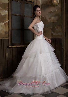 A-line Strapless Sweep Train Taffeta and Organza Wedding Gown