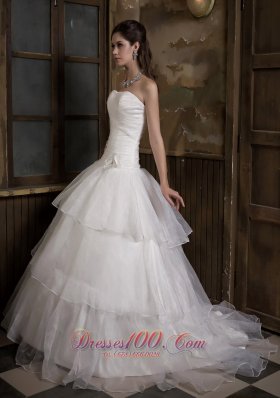 A-line Strapless Sweep Train Taffeta and Organza Wedding Gown