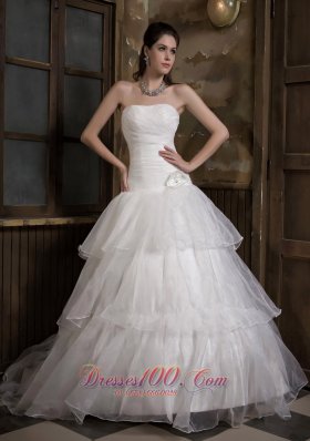 A-line Strapless Sweep Train Taffeta and Organza Wedding Gown