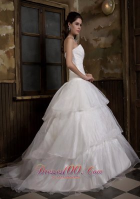 A-line Strapless Sweep Train Taffeta and Organza Wedding Gown