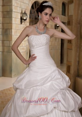 A-line Strapless Court Train Taffeta Appliques Weddong Gown