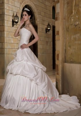 A-line Strapless Court Train Taffeta Appliques Weddong Gown