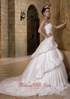 A-line Strapless Court Train Taffeta Appliques Weddong Gown