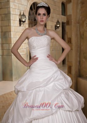 A-line Strapless Court Train Taffeta Appliques Weddong Gown