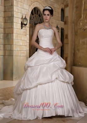 A-line Strapless Court Train Taffeta Appliques Weddong Gown