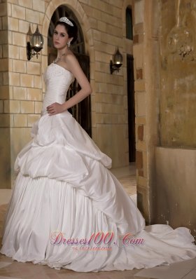 A-line Strapless Court Train Taffeta Appliques Weddong Gown