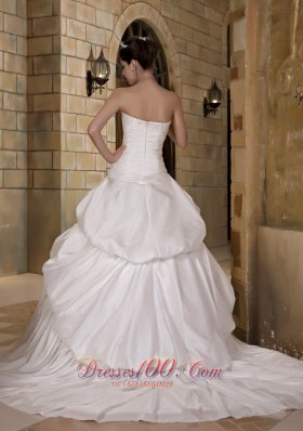 A-line Strapless Court Train Taffeta Appliques Weddong Gown