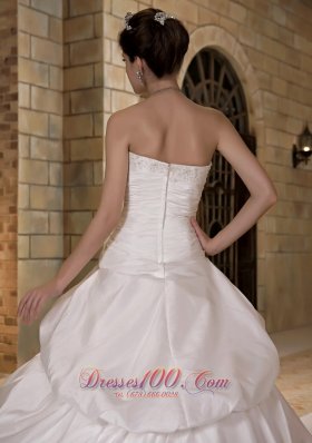 A-line Strapless Court Train Taffeta Appliques Weddong Gown