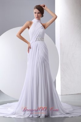 Halter Beading and Ruch Chapel Train Wedding Gown