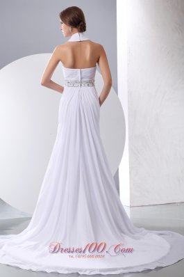 Halter Beading and Ruch Chapel Train Wedding Gown