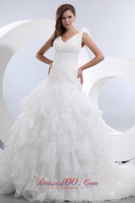 A-line V-neck Ruffles and Ruch Wedding Dresses Gowns