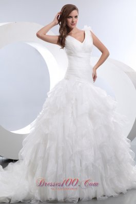 A-line V-neck Ruffles and Ruch Wedding Dresses Gowns