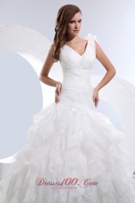 A-line V-neck Ruffles and Ruch Wedding Dresses Gowns