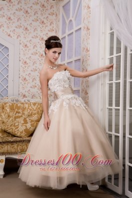 Champagne Strapless Ankle-length Tulle Appliques Wedding Gown