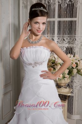 A-line Strapless Court Train Organza Appliques Wedding Gown