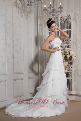 A-line Strapless Court Train Organza Appliques Wedding Gown