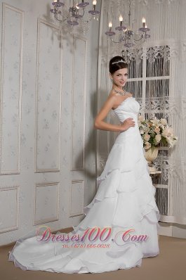 A-line Strapless Court Train Organza Appliques Wedding Gown