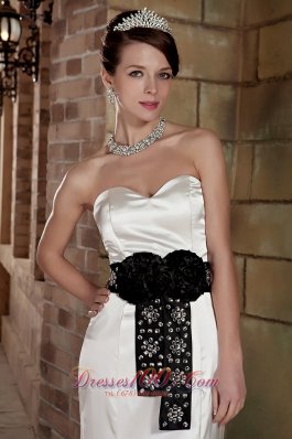 Sweetheart Brush Train Satin Beading Wedding Dress Black Sash