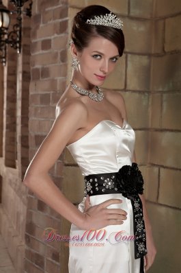 Sweetheart Brush Train Satin Beading Wedding Dress Black Sash