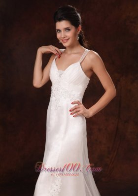 Straps V-neck Lace Wedding Dress Trumpet Brush Train