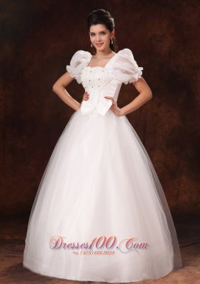 Bubble Sleeve Square Neck A-line Bowknot Wedding Gown