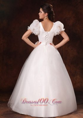 Bubble Sleeve Square Neck A-line Bowknot Wedding Gown