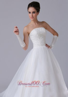 Strapless White Chapel Train Tulle Wedding Gown Custom Made