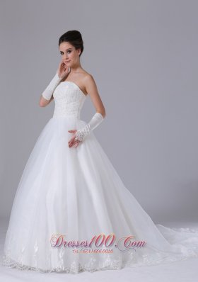 Strapless White Chapel Train Tulle Wedding Gown Custom Made