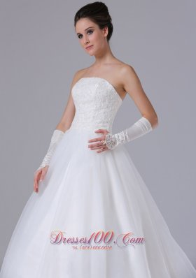 Strapless White Chapel Train Tulle Wedding Gown Custom Made