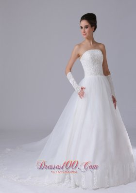 Strapless White Chapel Train Tulle Wedding Gown Custom Made