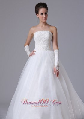 Strapless White Chapel Train Tulle Wedding Gown Custom Made