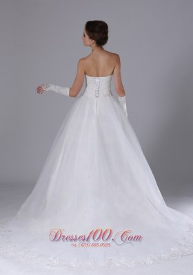 Strapless White Chapel Train Tulle Wedding Gown Custom Made