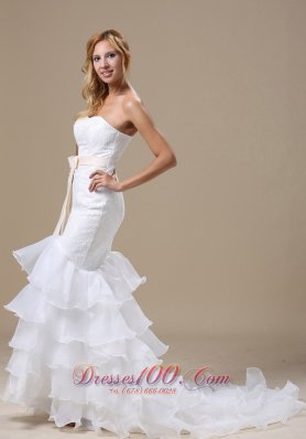 Sweetheart Mermaid Wedding Dress Ruffles Sash