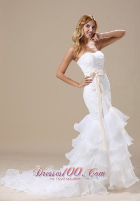 Sweetheart Mermaid Wedding Dress Ruffles Sash