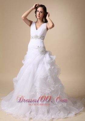 V-neck Beaded Wedding Dress Brush Train Ruffles