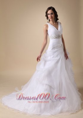 V-neck Beaded Wedding Dress Brush Train Ruffles