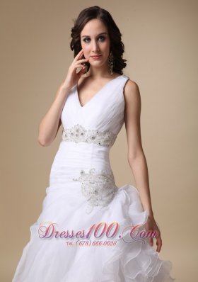 V-neck Beaded Wedding Dress Brush Train Ruffles