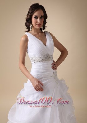 V-neck Beaded Wedding Dress Brush Train Ruffles