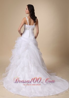 V-neck Beaded Wedding Dress Brush Train Ruffles