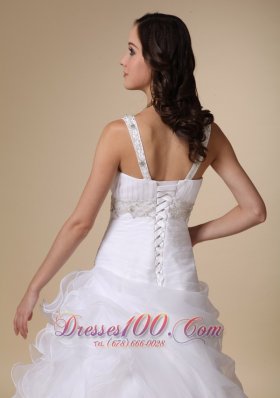 V-neck Beaded Wedding Dress Brush Train Ruffles