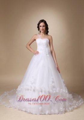 One Shoulder Chapel Train Hand Made Flower Wedding Ball Gown