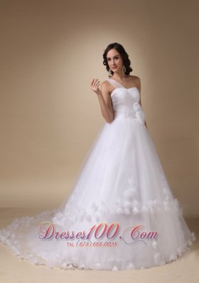 One Shoulder Chapel Train Hand Made Flower Wedding Ball Gown