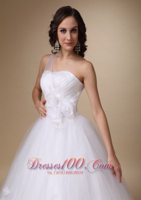 One Shoulder Chapel Train Hand Made Flower Wedding Ball Gown